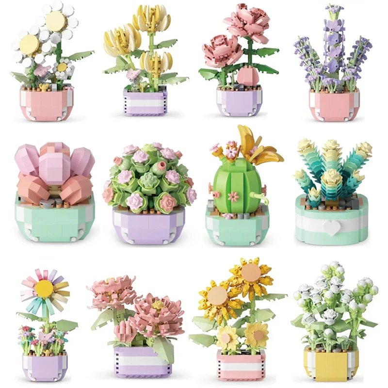 Bonsai Garden Kit - ชุดของเล่นสำหรับเด็กโมเดลต้นบอนไซลายดอกไม้อวบน้ำบล็อกตัวต่อต้นไม้แบบ DIY สำหรับสวนแบบโรแมนติก