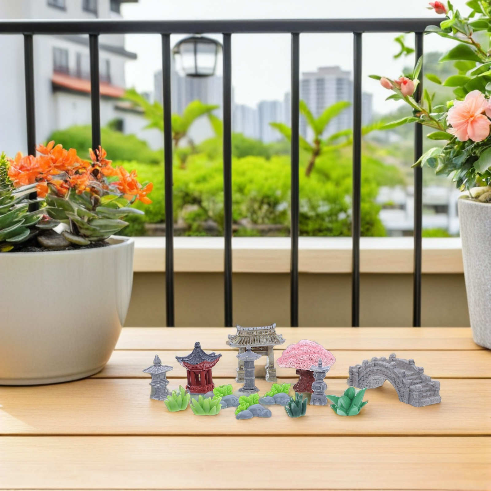 Bonsai Garden Desk - ชุดตกแต่งสวนจิ๋วเรซิน 1 ชุด สะพานหินจำลอง ศาลา ต้นบอนไซ