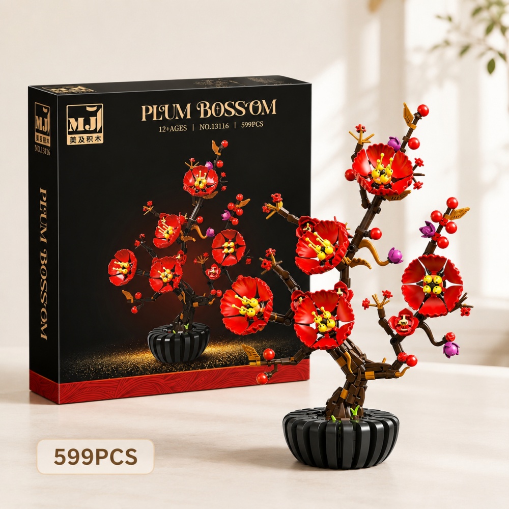 Bonsai Garden Lego - บล็อกตัวต่อต้นบอนไซดอกพลัม, ชุดช่อดอกไม้ 599 ชิ้น, ตัวต่อรูปทรงพืชที่ละเอียดอ่อน, ของขวัญตกแต่งโต๊ะทำงาน